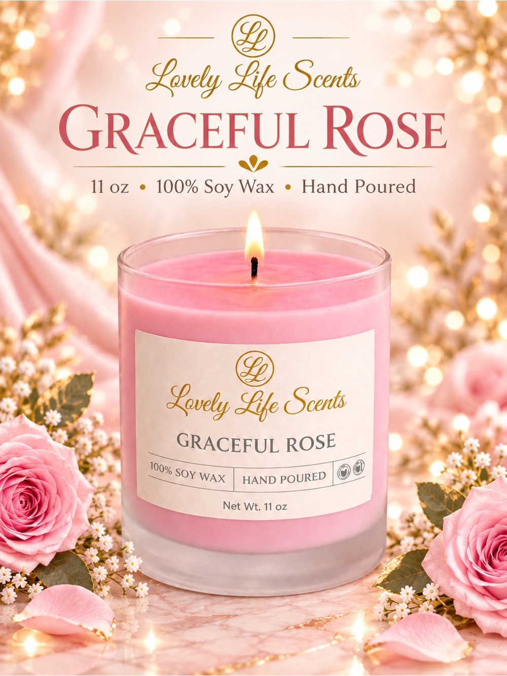 Graceful Rose, Pink 11 oz Premium Soy Wax Candle, a Sweet Floral Scent
